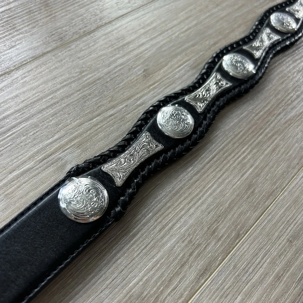 VTG Tony Lama Size 38 Black Leather Silver Cutting Champ Conchos Belt 76903